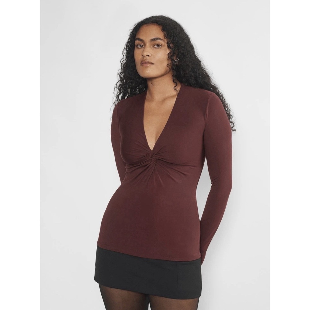 Aritzia Contour Front Knot Long sleeve V Neck Top Women's Size‎ XL Eggplant